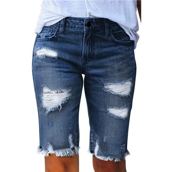 Women Bermuda Shorts Denim Destroyed Raw Hem Shorts Jeans